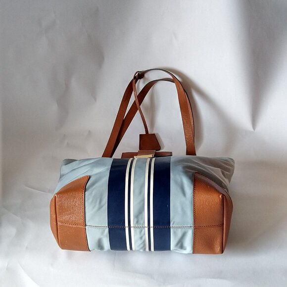 Tory Burch Penn Nylon Leather Tote Bag Purse Lt Blue Navy Key Ring - Picture 2 of 6